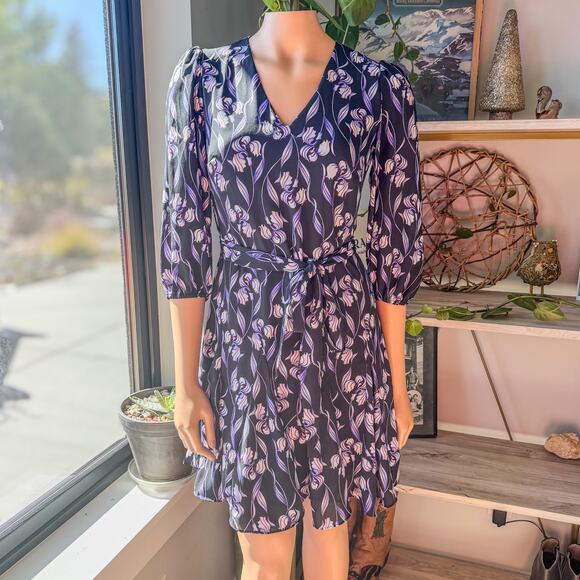 White House Black Market, Purple & Black Iris Floral Dress Tie Waist Women’s 00 - Picture 10 of 11